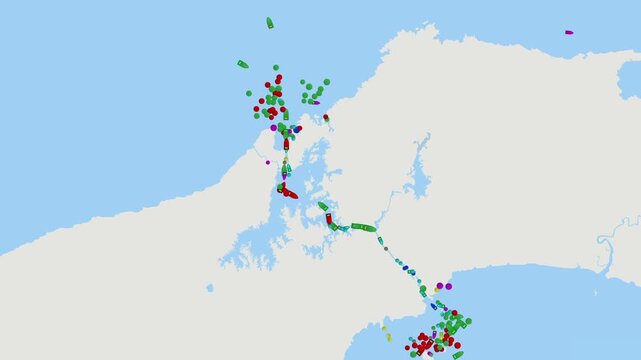 Panama Canal. Detailed digital map of ship tracking data and maritime traffic in the Panama Canal, global trade routes, oil tanker logistics, energy distribution, geopolitical