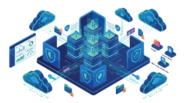 Digital security and data protection concept with cloud computing servers firewalls and access control systems in isometric illustration style