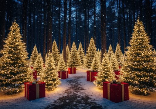 Enchanted forest path lined with illuminated christmas trees