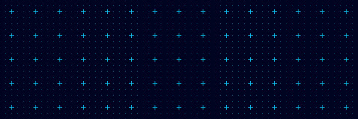 Dark blue seamless pattern featuring bright cyan crosses and dotted grid creating futuristic tech background stylish geometric layout digital interface wallpaper branding presentation modern surface © SpainArts