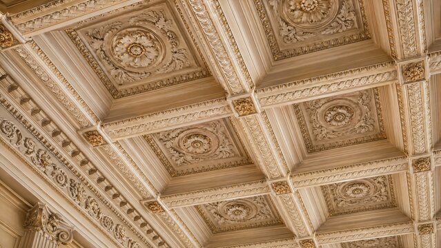 Ornate carved wooden coffered ceiling with gold accents.