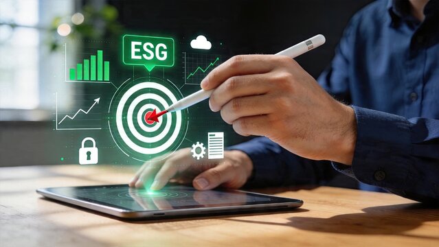 Businessman using digital tablet and stylus to design ESG strategy hologram interface showing target icon bar charts lock security symbol settings gear cloud computing technology