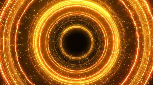 Golden circular energy rings background glowing particles, electric orbit lines, bright portal depth, and dark center. luxury intros, award titles, celebration sci fi portals, motion overlays.