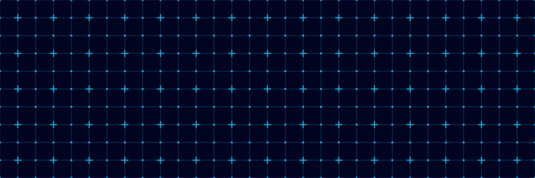 Seamless dark blue grid background with glowing cross markers and geometric pattern creating modern tech interface style suitable for digital design presentations dashboards futuristic layouts