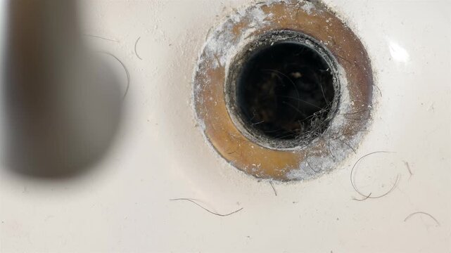 Top down views of a disgusting blocked drain hole with hair and grime