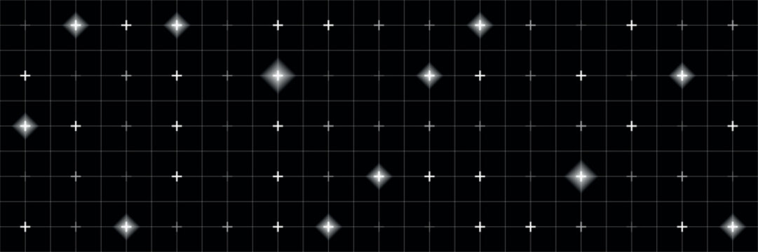 Dark grid background with glowing cross points and soft light highlights, futuristic geometric pattern on black surface, digital technology style backdrop with precise alignment and luminous accents