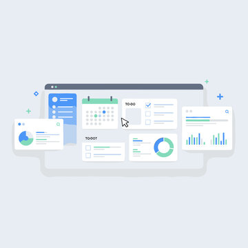 Digital dashboard interface displaying calendar, to-do lists, budget tracking, and data visualization charts for business management and organization.