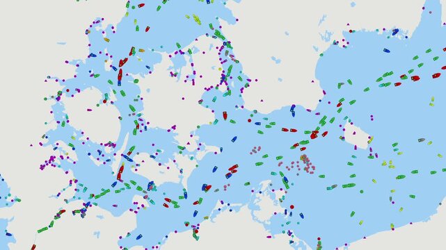 Danish Straits. Detailed digital map of ship tracking data and maritime traffic in the Danish Straits, global trade routes, oil tanker logistics, energy distribution, geopolitical