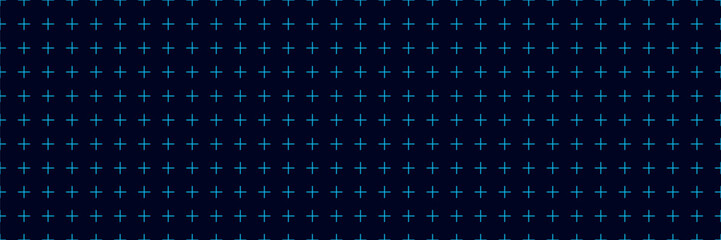 Dark navy background with bright cyan plus symbols arranged in seamless grid, modern geometric pattern for technology interfaces, digital design projects, futuristic layouts and abstract visuals © SpainArts
