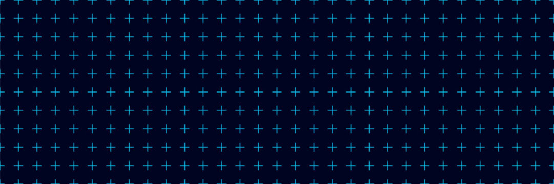 Dark navy background with bright cyan plus symbols arranged in seamless grid, modern geometric pattern for technology interfaces, digital design projects, futuristic layouts and abstract visuals
