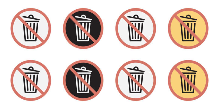 No dumping prohibition vector signs, illegal waste disposal restriction symbol, environmental protection warning