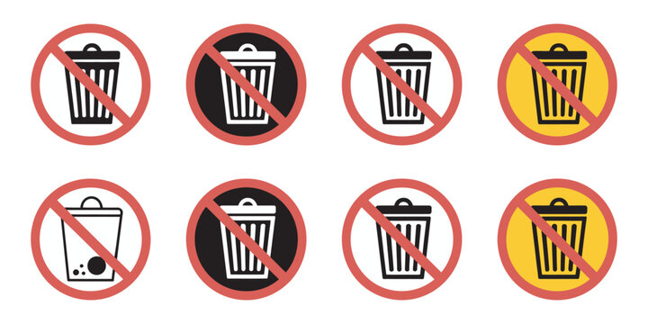 No dumping prohibition vector signs, illegal waste disposal restriction symbol, environmental protection warning