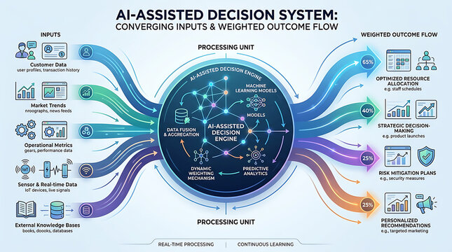 AI decision system weighted outcome flow diagram with processing unit inputs