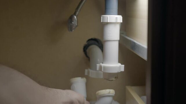 Close up of hands fixing a broken white PVC pipe under the sink