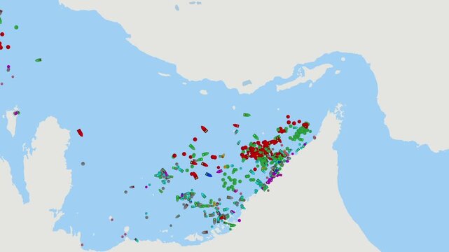 Strait of Hormuz. Detailed digital map of ship tracking data and maritime traffic in the Strait of Hormuz, global trade routes, oil tanker logistics, energy distribution, geopolitical
