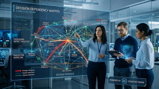 Team analyzes AI optimizing path continuously on digital map display