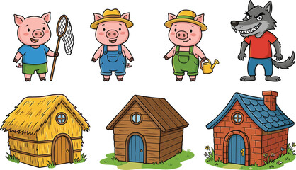 Obraz premium Three Little Pigs Cartoon Icons Set Featuring Farmer Pig Characters Wolf and Straw Wood Brick Houses Fairy Tale Story Illustration for Kids Design.