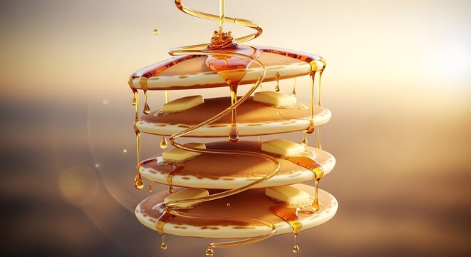 Stack of delicious pancakes with melting butter and pouring syrup, floating in the air against a warm sunset background