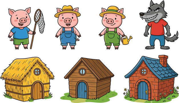 Three Little Pigs Cartoon Icons Set Featuring Farmer Pig Characters Wolf and Straw Wood Brick Houses Fairy Tale Story Illustration for Kids Design.