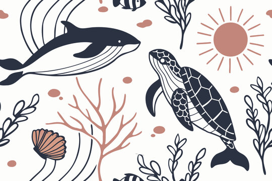 Seamless pattern design featuring cute hand drawn whales and sea turtles swimming in the deep blue ocean water environment