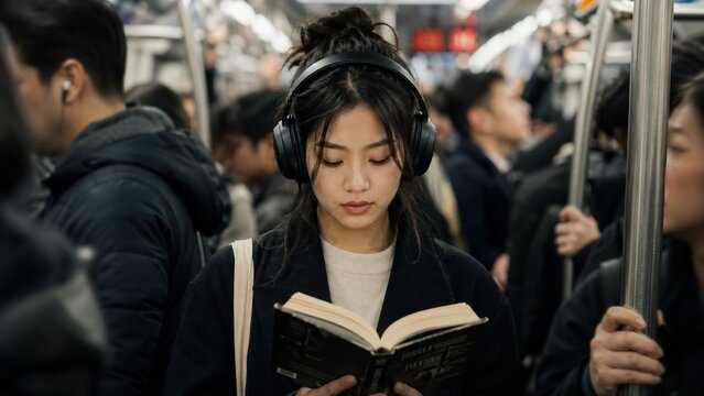 Young Asian woman reading book with headphones on subway.