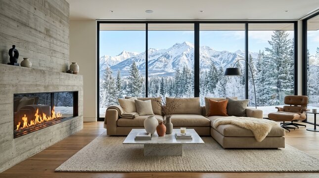 Modern Luxury Living Room with Panoramic Winter Mountain View and Fireplace
