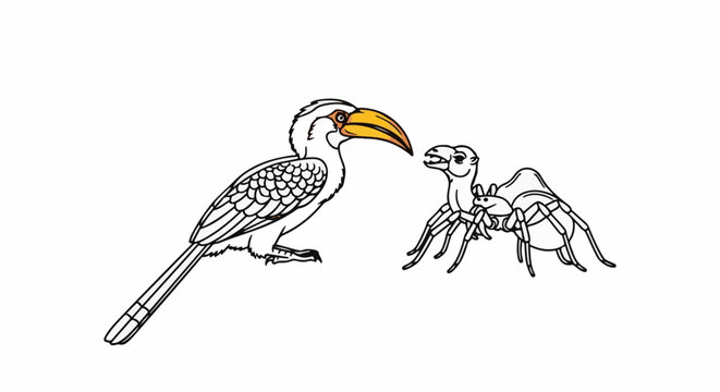 A bird with a large beak meets a spider-like creature with a hump