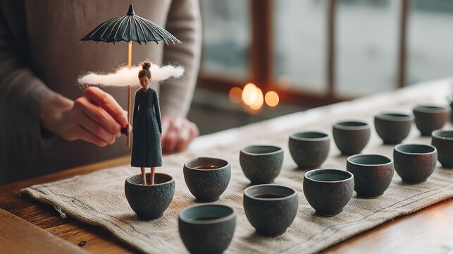 Tilt shift overhead macro vast paper surface white cloud tiny figure with umbrella miniature teacups glowing moss warm lighting calm shallow depth serene intricate clean background