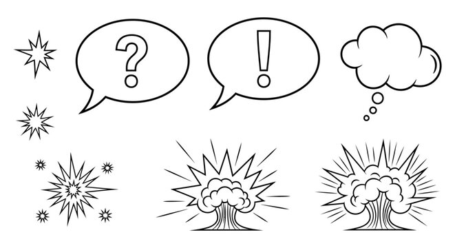 Collection of comic book style graphics: explosions question exclamation