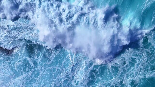 Wave breaking ocean surf foam aerial slowmotion turquoise water texture from overhead perspective