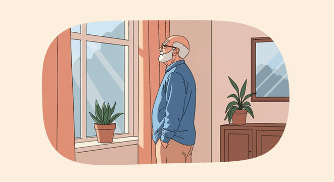 Senior man with glasses and white beard looking out of a window in a bright room with indoor plants on a windowsill and a sideboard, flat vector illustration style.