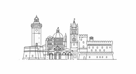 Obraz premium A black and white line drawing of a city skyline with a lighthouse, dome, clock tower, and castle