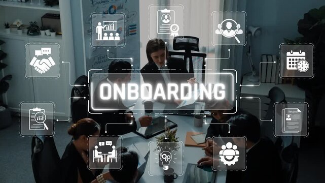 Modern Business Onboarding Process with Graphic Icons and Team Collaboration in a Professional Office Setting with Clear Visual Elements Sigmoid