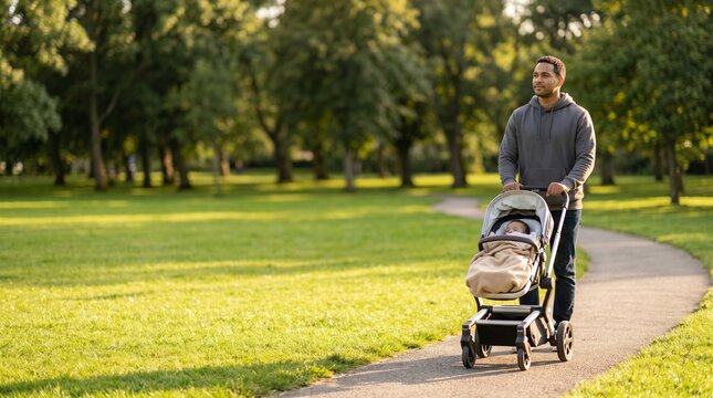 African American father pushing baby in a stroller through a sunny park