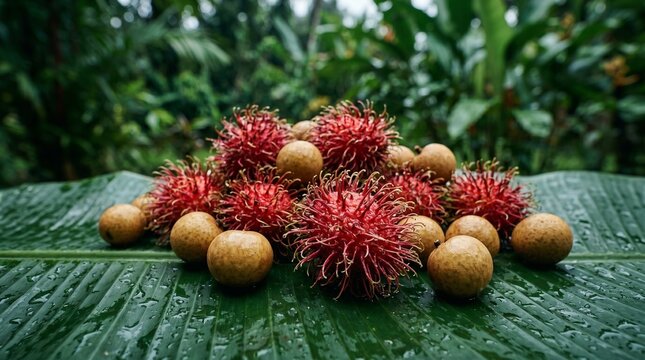 Fresh rambutan and longan fruits on tropical banana leaf background.