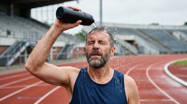 Athletic senior man pouring water on head to cool down at running track