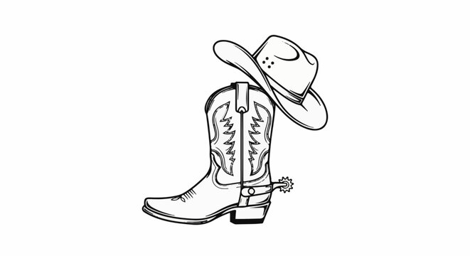 A black and white outline drawing of a cowboy hat and boot with a spur