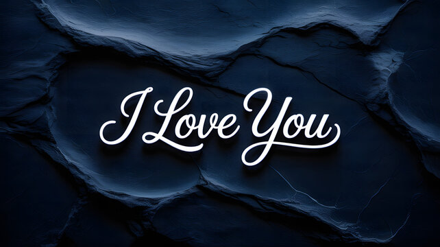 I Love You script lettering on dark navy blue slate rock texture, romantic message, 3d white calligraphy, minimalist aesthetic, deep textured stone background, love concept, heartfelt note.