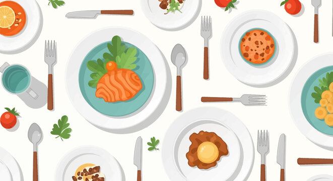 Flat lay vector illustration of multiple dining plates with diverse food items like salmon, fried egg, and stew, arranged with silverware and cherry tomatoes on a white background.