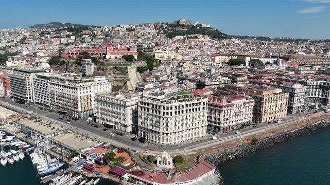 Fountain Of The Giant At Naples In Campania Italy. Downtown Cityscape. Beautiful Skyline. Fountain Of The Giant At Naples In Campania Italy. Highrise Buildings. Neapolitan Architecture. Naples Skyline