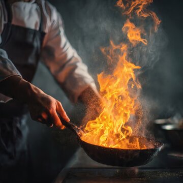 Chef performing a flambe technique in a clean professional kitchen