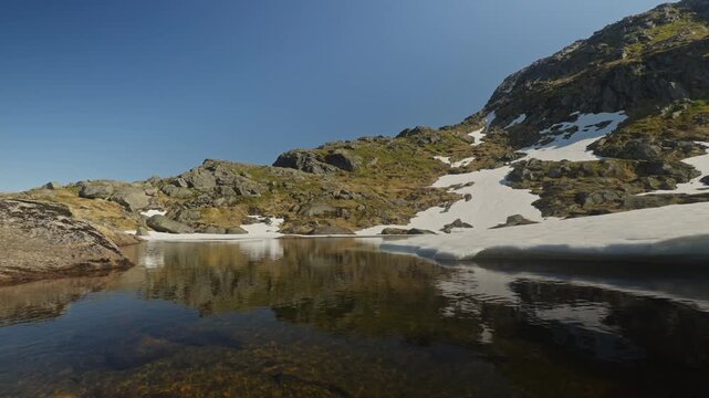 A half-thawed alpine lake with calm water reflects surrounding granite mountains under a clear blue sky in Lofoten, Norway, capturing a serene transitional landscape from winter to spring