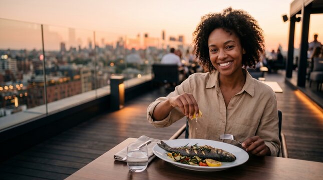 African American woman squeezing lemon over grilled fish at rooftop restaurant.