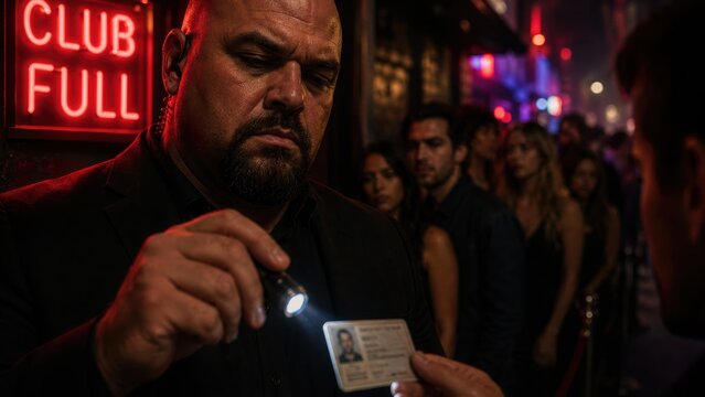 Burly nightclub bouncer checking ID card with flashlight.