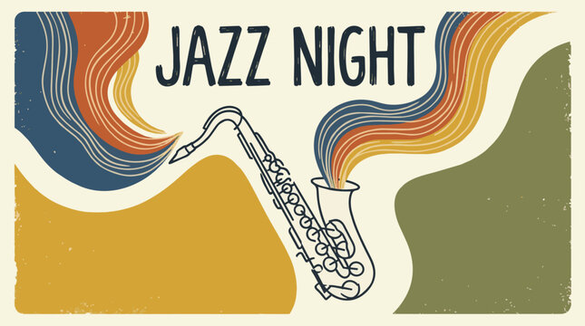 Jazz Night Illustration with Saxophone and Colorful Lines.