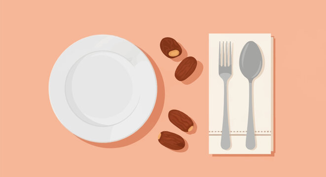 Flat lay vector illustration featuring an empty white plate, four dried dates, a silver fork and spoon on a white napkin, set against a peach background for Ramadan Iftar or Suhoor.