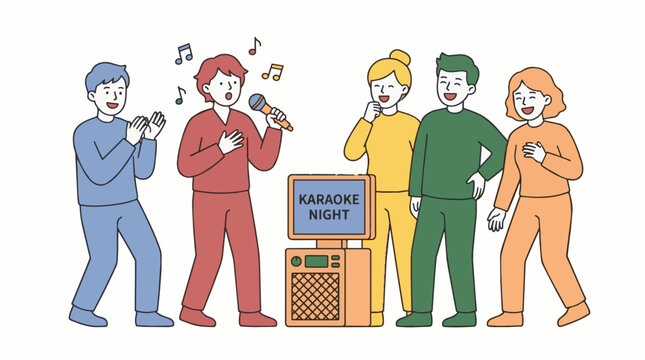 Friends Enjoying Karaoke Night Singing Together.
