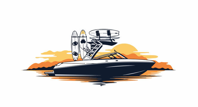 A boat with surfboards docked at sunset with warm colors