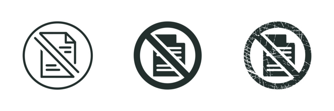 No document icon set showing prohibition symbol over paper file, paperless office concept, digital transformation restriction sign, file access blocked warning icon, clean vector illustration design.