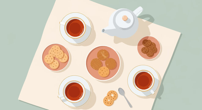 Flat-lay vector illustration of a tea set featuring three cups of black tea on saucers, a white teapot, and three plates filled with assorted cookies, biscuits, and chocolate treats.